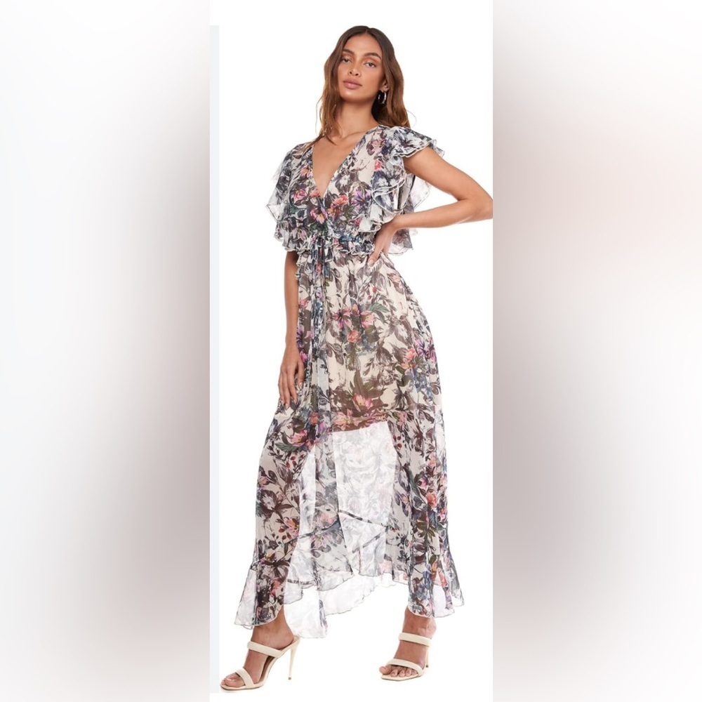 TOV Butterfly Sleeves Floral Ruffled Deep V Neck Chiffon Midi Dress in blue